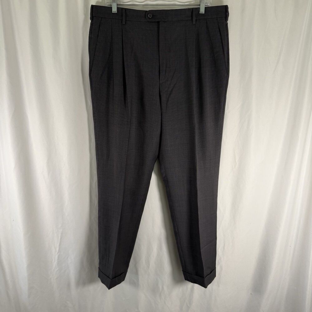 Zanella Dress Pants Men's 36 36x29 Grey Plaid 100% Wool Pleated Slash Pockets